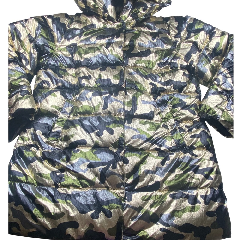 Betsey Johnson Metallic Gold Camo Puffer Jacket Hooded XL Camouflage Coat